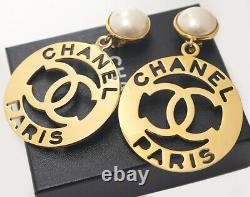 CHANEL Pearl Huge CC Logos Dangle Earrings Gold Tone Clips Vintage RARE