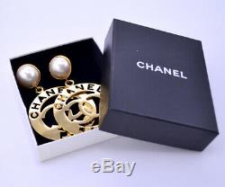 CHANEL Pearl Huge CC Logos Dangle Earrings Gold Tone Clips Vintage RARE