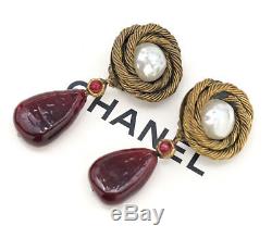 CHANEL Red Gripoix pearl dangle Earrings Gold Clip-On Vintage withBOX #1324