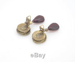 CHANEL Red Gripoix pearl dangle Earrings Gold Clip-On Vintage withBOX #1324