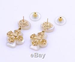 CHANEL Shell Camellia Dangle Earrings Gold Tone 01A withBOX v1267