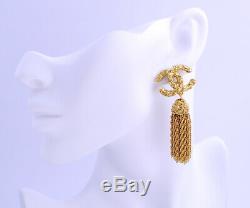 CHANEL Tassel Fringe Dangle Earrings Gold Clips 93A withBOX excellent! #6469
