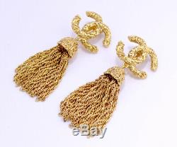 CHANEL Tassel Fringe Dangle Earrings Gold Clips 93A withBOX excellent! #6469