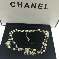 CHANEL White Pearl Bronze 3 CC Gold Necklace Classic 50 Inch Chain Necklace