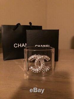 CHANEL Wide Clear Cuff Crystal Bracelet CC Logo