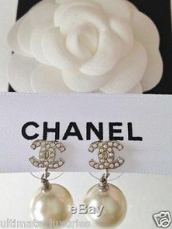 Chanel 2019 Top Pearl Drop Silver Crystal CC Dress Earrings New Beautiful