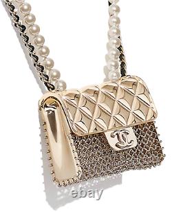 Chanel 21S Runway Pearl Chain Bag Gold Metal CC Logo Statement Pendant Necklace