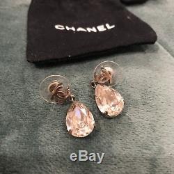 Chanel CC Logo Silver Crystal Tear Drop Earrings Beautiful Mint