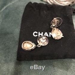 Chanel CC Logo Silver Crystal Tear Drop Earrings Beautiful Mint