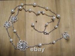 Chanel Camellia Flower CC Logo Pearl And Crystal Necklace