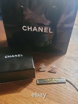 Chanel Classic Silver CC Crystal Logo Earrings