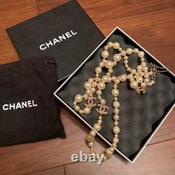 Chanel long pearl COCO mark necklace white, gold color with box