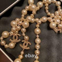 Chanel long pearl COCO mark necklace white, gold color with box