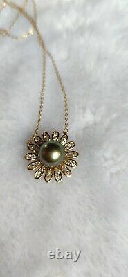 Charming AAA11-12MM natural Tahitian black gree pearl Pendants 925 silver