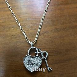 Christian Dior Logo Silver Heart Key Rhinestone Pendant Necklace
