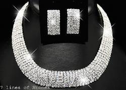 Chunky 7 Line Collarette Diamante Bling Necklace Set