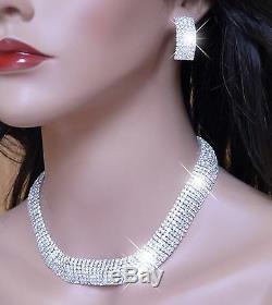 Chunky 7 Line Collarette Diamante Bling Necklace Set