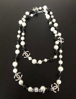 Classic White Black Faux Pearl Rhinestone CC Necklace