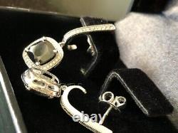 Cushion Black Simulated Diamond Dangle J Back Earrings 14k White Gold 925 Silver