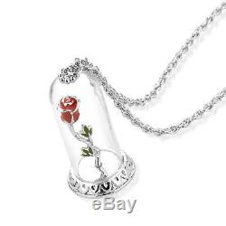 Disney Official Beauty & the Beast White Gold-Plated Enchanted Rose Necklace