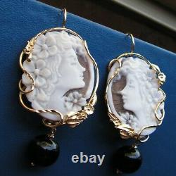 Earrings Drop Italy Cameo Shell By Italy Sterling 60mm Black Onyx