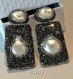 Exquisite Fresh Water Pearl Long Earrings made w Swarovski Crystal Black Pave