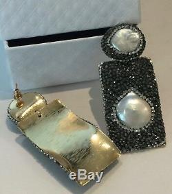 Exquisite Fresh Water Pearl Long Earrings made w Swarovski Crystal Black Pave