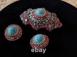 Exquisite Large Signed Rare Schreiner Brooch & Earring Set Beautiful multi stone