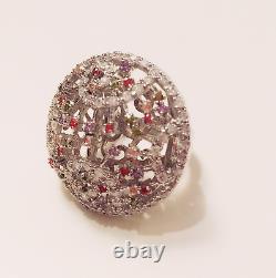 FASHION JEWELRY Fine Ruby & White Crystal Round Silver Plated Cocktail Ring 7