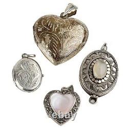 Four (4) Beautiful Sterling Silver Pendent Lockets, 2 Hearts And 2 Oval