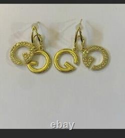 GUCCI CRYSTAL Twin GG 18k Yellow Gold Plated Dangle Pierce Earrings-BEAUTIFUL