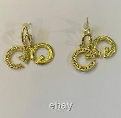 GUCCI CRYSTAL Twin GG 18k Yellow Gold Plated Dangle Pierce Earrings-BEAUTIFUL