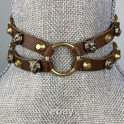 Gucci Brown Leather Choker Feline Head Brass Double Necklace Buckle Panther Cat