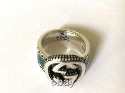 Gucci Interlocking GG Green Enamel 925 Sterling Silver Ring Size 7