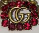 Gucci Metal Gold Finish Red Crystals Double G Detail Pin In Metal1.25w X 1