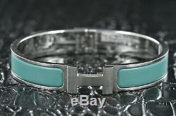 HERMES Clic Clac Bangle Bracelet Light Blue & Steel Leather/Metal