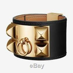 HERMES Collier De Chien CDC Bracelet Black Matte Calfskin Gold Studded Beautiful