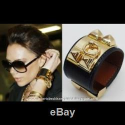 HERMES Collier De Chien CDC Bracelet Black Matte Calfskin Gold Studded Beautiful