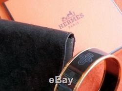 HERMÈS SellierBlack Grey Gold Tone Enamel Printed Wide Bangle Bracelet Sz 62