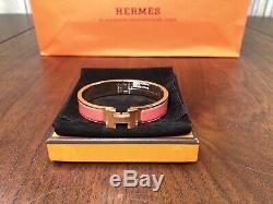 Hermes Beautiful Rare Corail Enamel Narrow Rose Gold Clic Clac H Bracelet PM