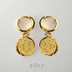 Huggie Coin Earrings Middle East Arabic Medallion Round Disc Coins 24k GP 12mm