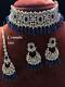 Indian Bollywood Blue Saphire Cz Ad Wedding Silver Choker Jewelry Necklace Set
