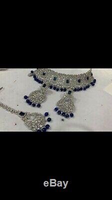 Indian Bollywood Blue Saphire CZ AD Wedding Silver Choker Jewelry Necklace Set