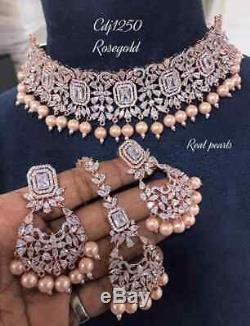 Indian Bollywood Style CZ AD Wedding Silver Fashion Jewelry Choker Necklace Set