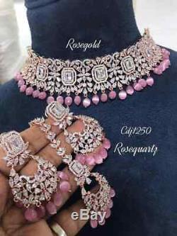 Indian Bollywood Style Fashion Jewelry CZ AD Wedding Silver Choker Necklace Set