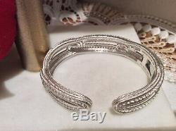 Judith Ripka 925 S. Silver Pave' Large Link Hinged Cuff Bracelet Average Size