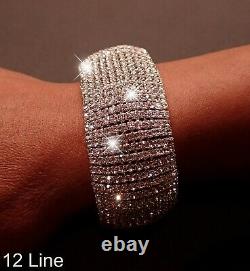 Large Silver Statement Bracelet, Wide Diamante Bling, 12 Lines of Rhinestone