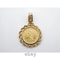 Liberty Head Quarter Eagle Coine With Rose Bezel Pandant 14 k Yellow Gold Finish