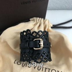 Louis Vuitton Black Leather Laser Cut Flower Fleur Motif Bracelet 17cm BOX POUCH