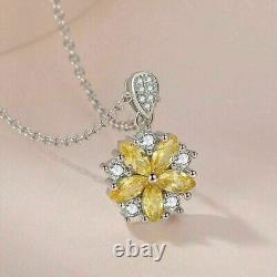 Marquise Cut Simulated Citirine Halo Flower Cluster Pendant14K White Gold Plated